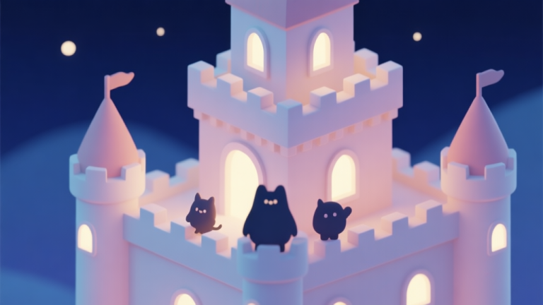 自动生成图片: A cute, minimalist isometric view of a cartoon castle under a gentle night sky, small friendly creature silhouettes on the battlements, soft glow from castle windows, pastel color palette high quality illustration, detailed, 16:9