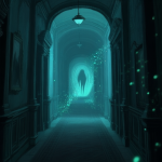 自动生成图片: A dimly lit, atmospheric corridor in a surreal afterlife setting, blending Victorian architecture with ethereal glowing particles, viewed from a first-person perspective, evoking mystery and exploration high quality illustration, detailed, 16:9