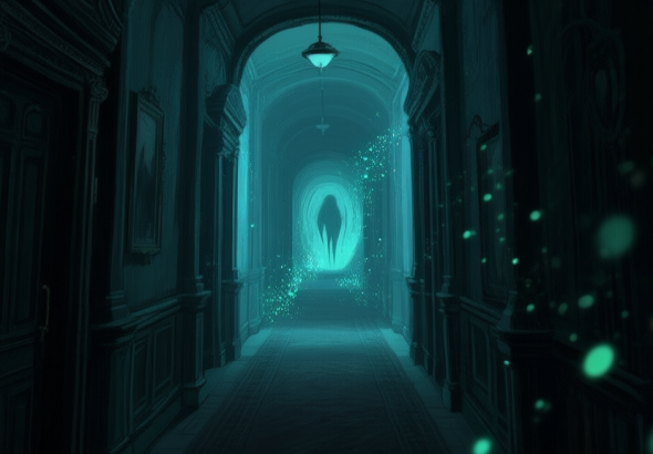 自动生成图片: A dimly lit, atmospheric corridor in a surreal afterlife setting, blending Victorian architecture with ethereal glowing particles, viewed from a first-person perspective, evoking mystery and exploration high quality illustration, detailed, 16:9