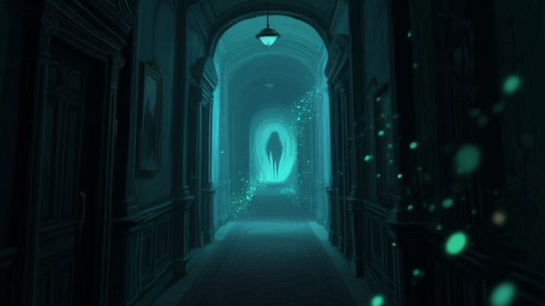 自动生成图片: A dimly lit, atmospheric corridor in a surreal afterlife setting, blending Victorian architecture with ethereal glowing particles, viewed from a first-person perspective, evoking mystery and exploration high quality illustration, detailed, 16:9