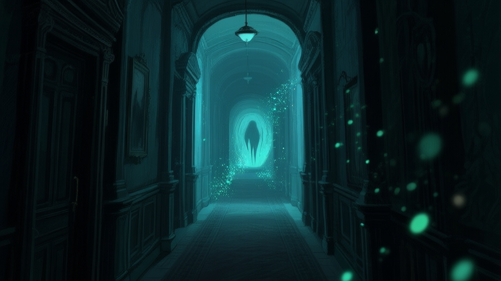 A dimly lit, atmospheric corridor in a surreal afterlife setting, blending Victorian architecture with ethereal glowing particles, viewed from a first-person perspective, evoking mystery and exploration high quality illustration, detailed, 16:9