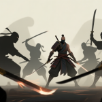 自动生成图片: Dynamic game screenshot style, a single warrior character surrounded by multiple shadowy ninja silhouettes in a tense standoff, action-focused composition, muted colors with highlights on weapons high quality illustration, detailed, 16:9