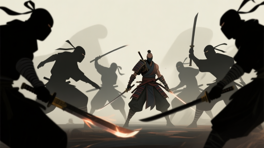 Dynamic game screenshot style, a single warrior character surrounded by multiple shadowy ninja silhouettes in a tense standoff, action-focused composition, muted colors with highlights on weapons high quality illustration, detailed, 16:9