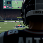 自动生成图片: A dramatic, close-up view from behind a quarterback in a video game, looking towards a packed end zone on 4th down, with the play clock and down indicator visible on screen, using a muted color palette with tense lighting high quality illustration, detailed, 16:9
