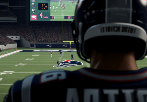 自动生成图片: A dramatic, close-up view from behind a quarterback in a video game, looking towards a packed end zone on 4th down, with the play clock and down indicator visible on screen, using a muted color palette with tense lighting high quality illustration, detailed, 16:9