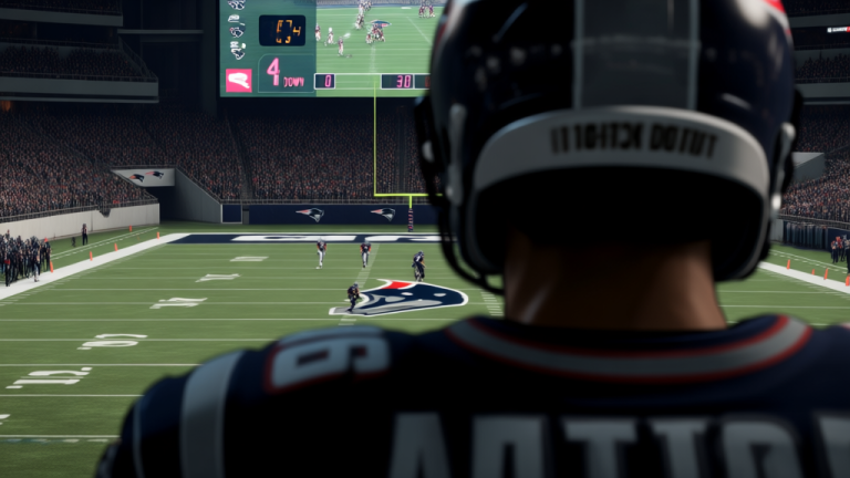自动生成图片: A dramatic, close-up view from behind a quarterback in a video game, looking towards a packed end zone on 4th down, with the play clock and down indicator visible on screen, using a muted color palette with tense lighting high quality illustration, detailed, 16:9