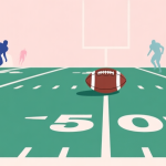 自动生成图片: A clean, minimalist illustration showing a simple American football field with yard lines, a football placed at the 50-yard line, and a few abstract player silhouettes in team colors, soft pastel background high quality illustration, detailed, 16:9