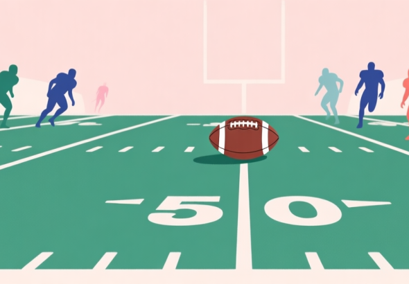 自动生成图片: A clean, minimalist illustration showing a simple American football field with yard lines, a football placed at the 50-yard line, and a few abstract player silhouettes in team colors, soft pastel background high quality illustration, detailed, 16:9