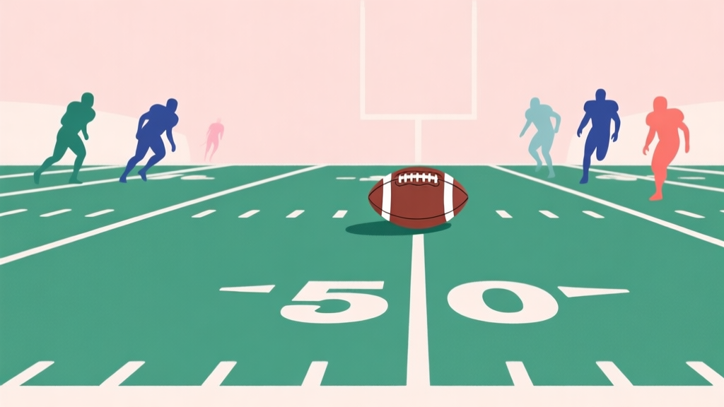 A clean, minimalist illustration showing a simple American football field with yard lines, a football placed at the 50-yard line, and a few abstract player silhouettes in team colors, soft pastel background high quality illustration, detailed, 16:9