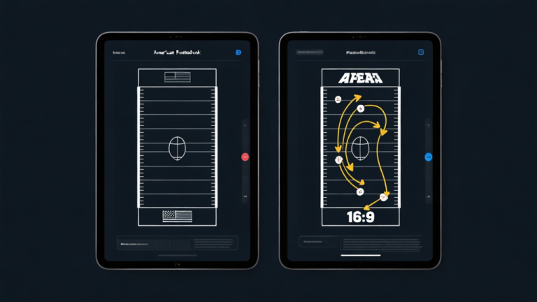 自动生成图片: Split-screen comparison of two American football playbook diagrams on a digital tablet, one static and one with dynamic arrows showing adaptive routes, minimalist design with dark mode interface high quality illustration, detailed, 16:9