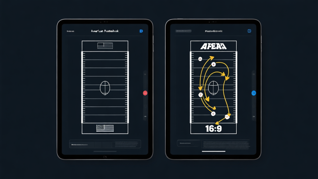 Split-screen comparison of two American football playbook diagrams on a digital tablet, one static and one with dynamic arrows showing adaptive routes, minimalist design with dark mode interface high quality illustration, detailed, 16:9