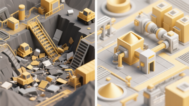 自动生成图片: A split-screen illustration showing a chaotic, disorganized mining setup on one side versus a sleek, optimized and automated mining operation on the other, using a soft gold and gray color palette, isometric view high quality illustration, detailed, 16:9