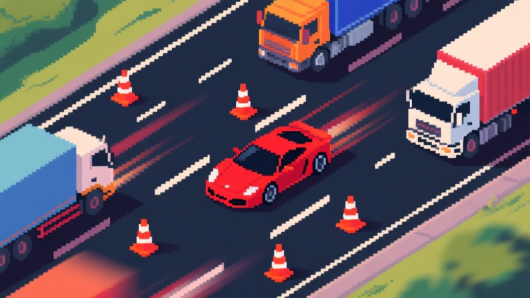 自动生成图片: Top-down view of a pixel-art highway with multiple lanes, a red sports car weaving between trucks and traffic cones, dynamic motion blur effect, vibrant colors on a dark road high quality illustration, detailed, 16:9