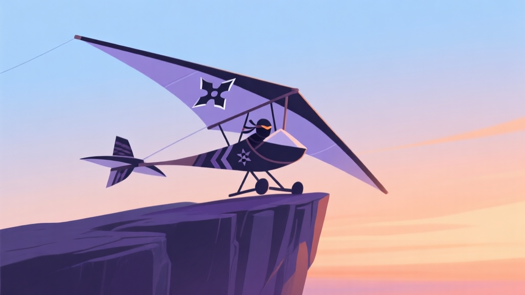 A stylized, minimalist illustration of a unique kite-glider hybrid with ninja-inspired motifs (like shuriken patterns) against a soft gradient sunset sky, resting on a cliff edge. Soft blues, purples, and oranges color palette. high quality illustration, detailed, 16:9
