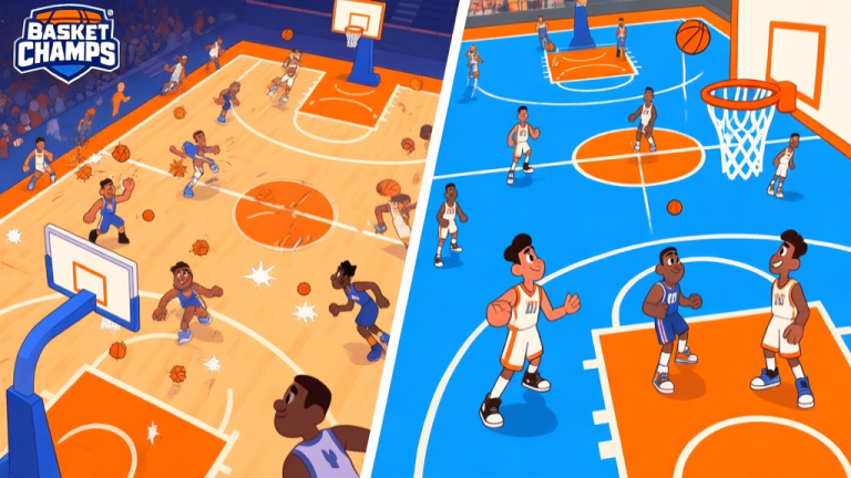 自动生成图片: A dynamic split-screen image showing contrast in Basket Champs gameplay. Left side: chaotic player movement with missed shots. Right side: organized player positions with clear passing lanes and a successful dunk, using a vibrant cartoon style with a blue and orange color scheme high quality illustration, detailed, 16:9