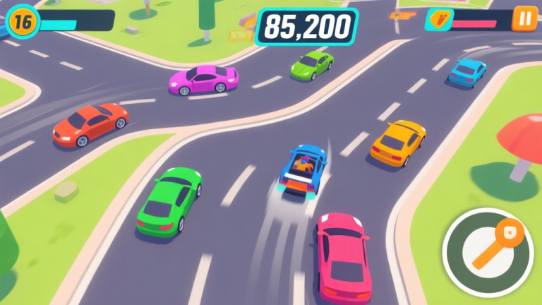 自动生成图片: A dynamic, top-down view of a Car Rush gameplay scene with multiple lanes of colorful cars, a player's vehicle skillfully swerving between them, and a score counter showing a high number like 85,200, in a vibrant yet clean mobile game art style high quality illustration, detailed, 16:9