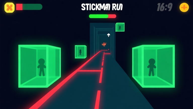 自动生成图片: A stylized cross-section view of a Stickman Run game screen, showing hidden hitboxes (green transparent boxes), invisible spawn trigger zones (pulsating red lines), and a path prediction line, in a minimalist flat design with a dark background and neon accents high quality illustration, detailed, 16:9