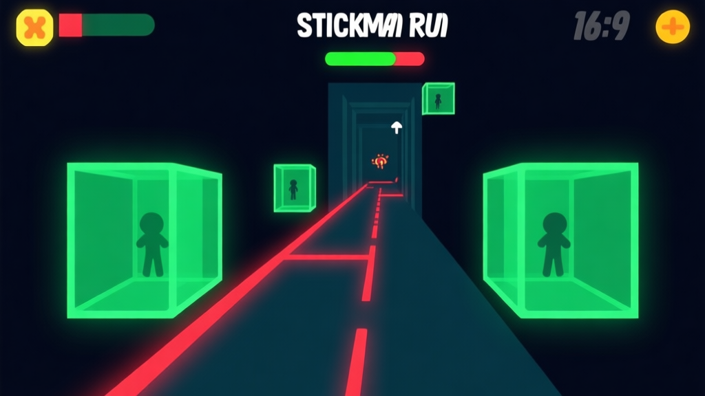 A stylized cross-section view of a Stickman Run game screen, showing hidden hitboxes (green transparent boxes), invisible spawn trigger zones (pulsating red lines), and a path prediction line, in a minimalist flat design with a dark background and neon accents high quality illustration, detailed, 16:9