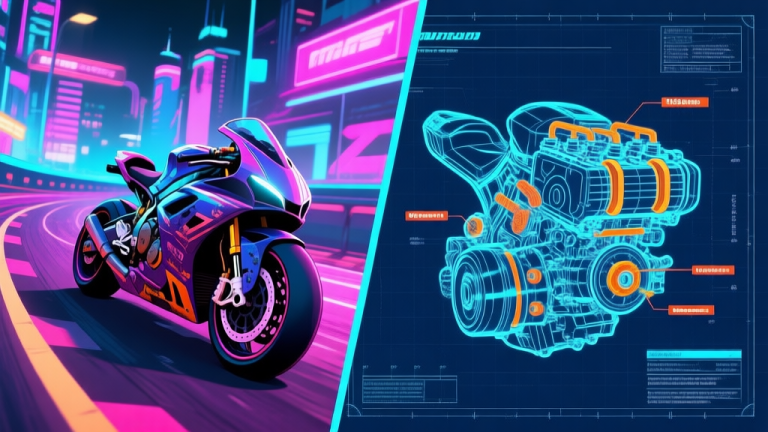 自动生成图片: A split-screen image showing a highly customized racing bike on a neon-lit city track on one side, and a detailed, schematic blueprint of a motorcycle engine with highlighted upgrade parts on the other side, in a vibrant video game art style high quality illustration, detailed, 16:9