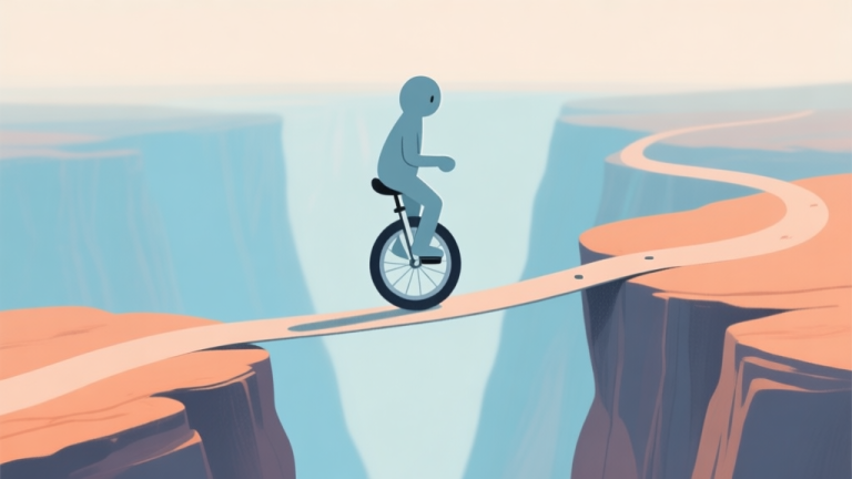 自动生成图片: A minimalist side-view illustration of a unicycle character on a thin, winding path over a canyon, showing a subtle balance meter tilting left and right, in a soft pastel color palette with light blues and gentle oranges high quality illustration, detailed, 16:9