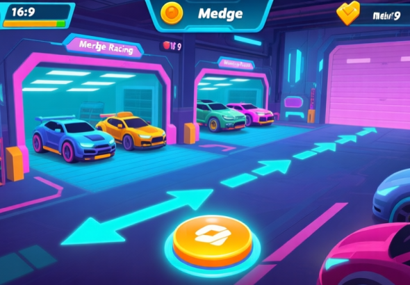 自动生成图片: A vibrant, futuristic mobile game interface for a merge racing game, showing a garage with vehicles of different tiers and levels, a merge button glowing, and a clear progression path visualized with arrows, in a sleek cyberpunk color scheme high quality illustration, detailed, 16:9