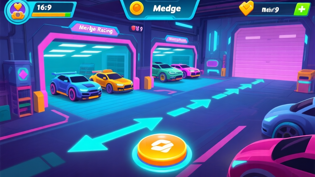 A vibrant, futuristic mobile game interface for a merge racing game, showing a garage with vehicles of different tiers and levels, a merge button glowing, and a clear progression path visualized with arrows, in a sleek cyberpunk color scheme high quality illustration, detailed, 16:9