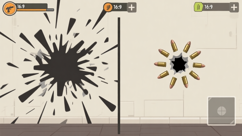 Side-by-side comparison of a chaotic, uncontrolled weapon spray pattern on a wall versus a tight, controlled cluster of bullet holes, in a minimalist game UI style with a neutral color palette high quality illustration, detailed, 16:9