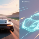 自动生成图片: Split-screen illustration showing a realistic racing game scene on one side and a simplified, glowing wireframe model of car physics forces (downforce, friction, velocity vectors) on the other, soft color palette high quality illustration, detailed, 16:9