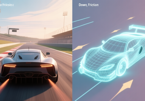 自动生成图片: Split-screen illustration showing a realistic racing game scene on one side and a simplified, glowing wireframe model of car physics forces (downforce, friction, velocity vectors) on the other, soft color palette high quality illustration, detailed, 16:9