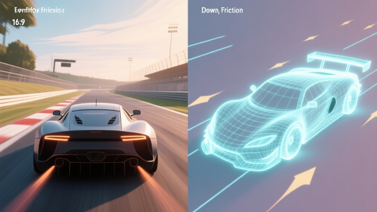 自动生成图片: Split-screen illustration showing a realistic racing game scene on one side and a simplified, glowing wireframe model of car physics forces (downforce, friction, velocity vectors) on the other, soft color palette high quality illustration, detailed, 16:9