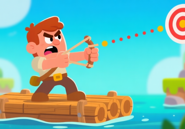 自动生成图片: A frustrated cartoon character on a wooden raft aiming a slingshot, with dotted trajectory lines missing their target, in a bright, playful 2D game art style high quality illustration, detailed, 16:9
