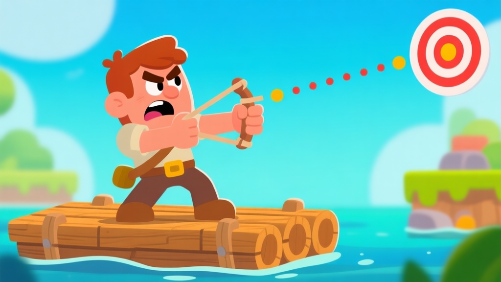 A frustrated cartoon character on a wooden raft aiming a slingshot, with dotted trajectory lines missing their target, in a bright, playful 2D game art style high quality illustration, detailed, 16:9