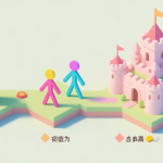 自动生成图片: A minimalist isometric view of a colorful stick-figure game base in early, mid, and late game stages, showing progression from simple towers to a complex fortress, soft pastel colors, clean lines high quality illustration, detailed, 16:9