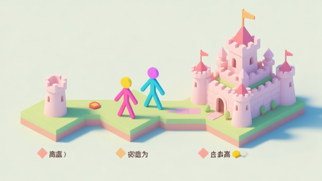 A minimalist isometric view of a colorful stick-figure game base in early, mid, and late game stages, showing progression from simple towers to a complex fortress, soft pastel colors, clean lines high quality illustration, detailed, 16:9