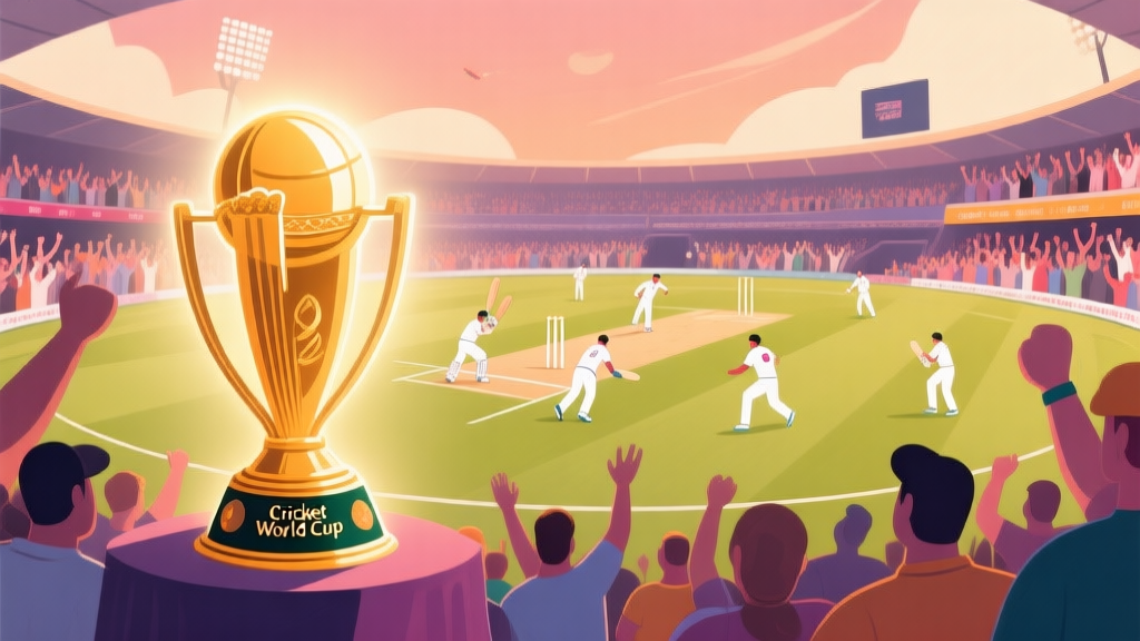 A vibrant, friendly illustration of a cricket stadium from a fan's perspective, with simplified players in action, a large Cricket World Cup trophy glowing softly in the foreground, and a diverse crowd cheering in the background, using a warm and inviting color palette high quality illustration, detailed, 16:9