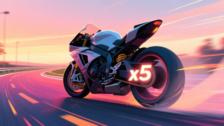 自动生成图片: A stylized side-view of a motorcycle in a controlled drift on a vibrant road, with dynamic speed lines and a visible score multiplier "x5" glowing on the side, soft gradient sunset colors in the background high quality illustration, detailed, 16:9