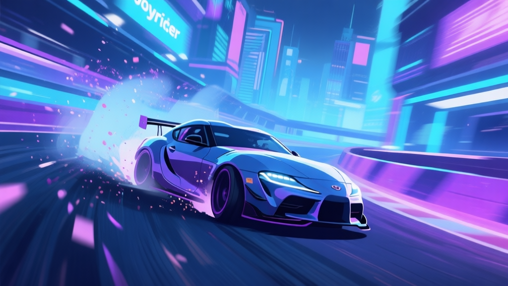 A stylized, dynamic scene of a futuristic racing game. A sleek car is mid-drift on a neon-lit city track, with motion blur and particle effects, soft color palette of blues and purples, capturing the thrilling yet controlled chaos of Joyrider high quality illustration, detailed, 16:9