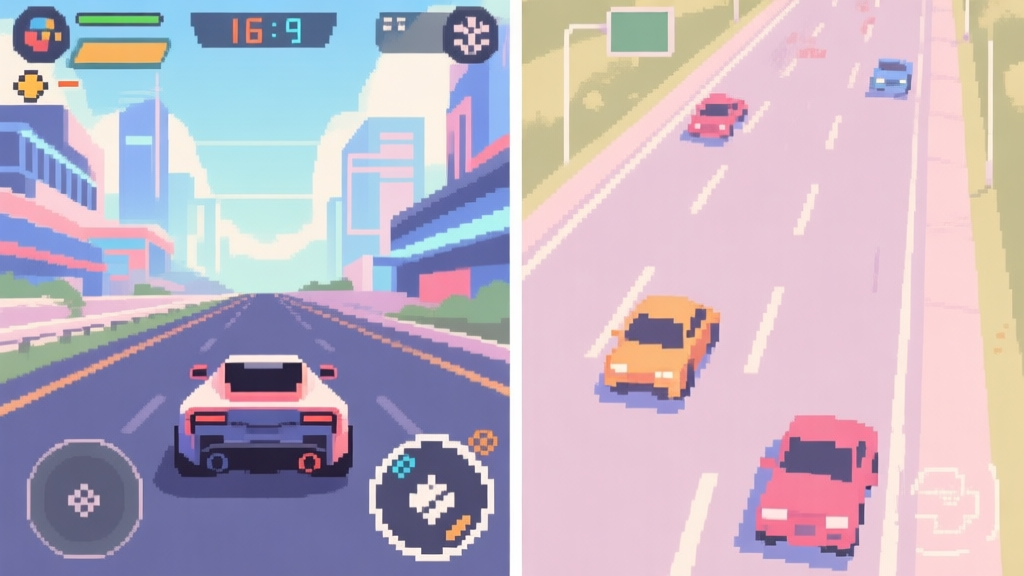 A split-screen illustration showing a modern complex racing game on one side and a simple, top-down view of pixelated cars on a highway on the other, representing the contrast in gaming complexity, using a soft pastel color palette high quality illustration, detailed, 16:9