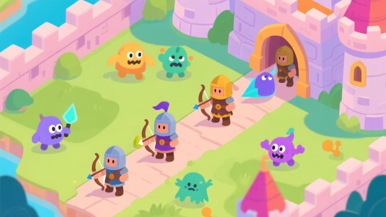 自动生成图片: A vibrant, top-down view of a colorful castle defense game map, showing simple cartoon guardians (archers, mages) on a path, with cute enemy monsters approaching, soft pastel color palette high quality illustration, detailed, 16:9