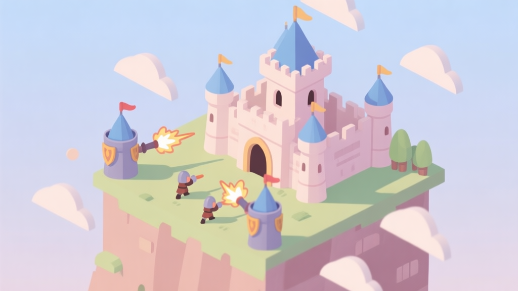 A cute, minimalist isometric view of a fantasy castle under siege, with small guardian towers firing at cartoonish enemy waves, soft pastel colors, flat design style high quality illustration, detailed, 16:9