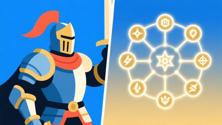 自动生成图片: A dynamic yet clean split-screen illustration showing a powerful knight character on one side and strategic skill icons connected by glowing lines on the other, soft gradient background of blue and gold, flat design style high quality illustration, detailed, 16:9