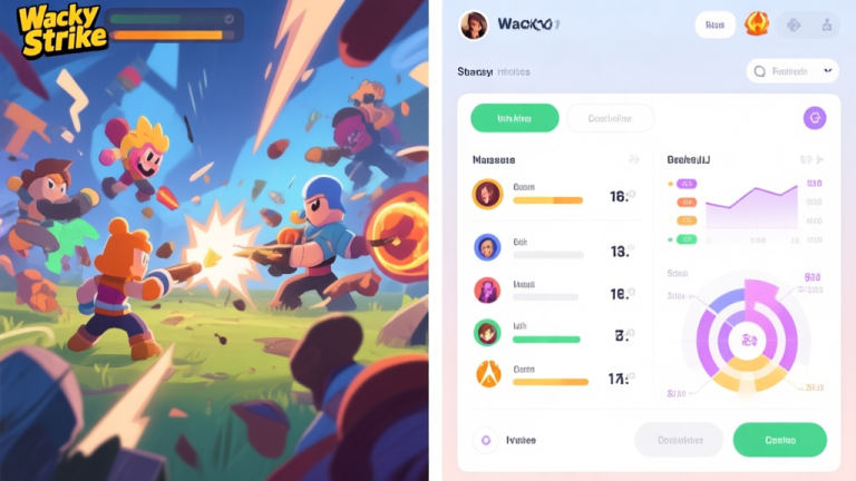 自动生成图片: A split-screen image showing a chaotic Wacky Strike battle scene on one side, and a clean, analytical UI with character stats and skill diagrams on the other, soft color palette high quality illustration, detailed, 16:9