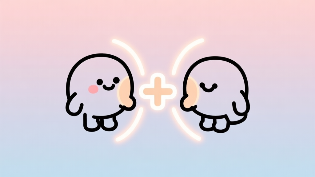 A friendly, minimalist illustration showing two simple cartoon game creatures merging into one, with soft glowing lines and a plus sign, on a pastel-colored background high quality illustration, detailed, 16:9