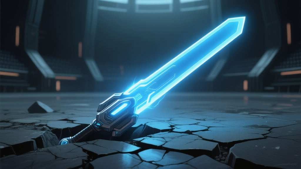 A sleek, futuristic laser sword glowing with blue energy, half-buried in cracked ground in a dark sci-fi arena, muted color palette with soft highlights high quality illustration, detailed, 16:9