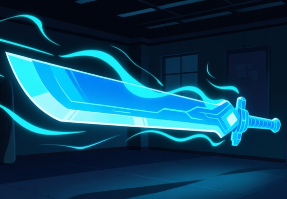 自动生成图片: A stylized, glowing blue energy blade hovering in a dark training room, with abstract motion lines suggesting speed and precision, soft neon accents on a dark background high quality illustration, detailed, 16:9