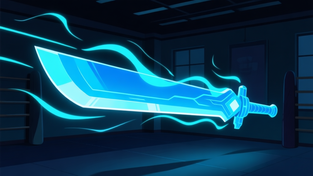 A stylized, glowing blue energy blade hovering in a dark training room, with abstract motion lines suggesting speed and precision, soft neon accents on a dark background high quality illustration, detailed, 16:9