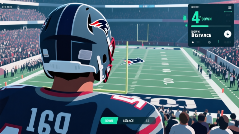 自动生成图片: A dramatic, close-up view from behind a quarterback in a digital American football game, looking at a crowded end zone on 4th down, with a minimalist HUD showing down and distance, in a cool-toned color scheme high quality illustration, detailed, 16:9