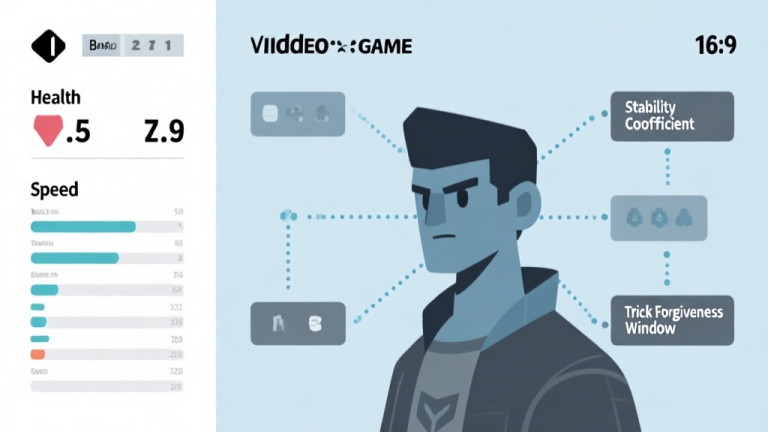 自动生成图片: A stylized, minimalist infographic showing a video game character stat sheet. The left side shows basic stats like Health and Speed with clear numbers. The right side reveals hidden, interconnected stats like "Stability Coefficient" and "Trick Forgiveness Window" with dotted lines connecting them, in a soft blue and grey color scheme high quality illustration, detailed, 16:9