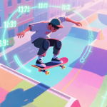 自动生成图片: A stylized, top-down view of a skateboarder mid-trick on a colorful urban course, with score multipliers and combo lines glowing in the air, soft pastel and neon glow color palette, digital art style high quality illustration, detailed, 16:9