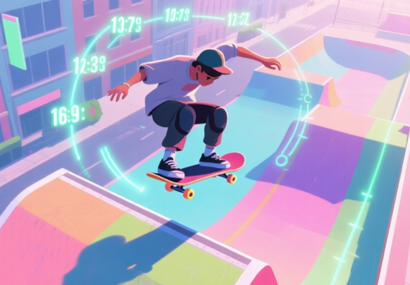 自动生成图片: A stylized, top-down view of a skateboarder mid-trick on a colorful urban course, with score multipliers and combo lines glowing in the air, soft pastel and neon glow color palette, digital art style high quality illustration, detailed, 16:9
